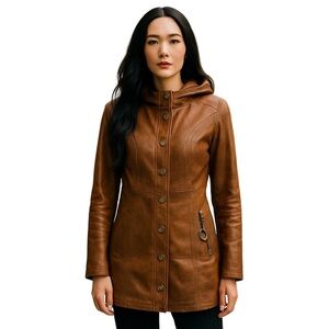 𝅺SAN FRANCISCO Brown Faux Leather Jacket with Hood  and Snap Buttons Size S